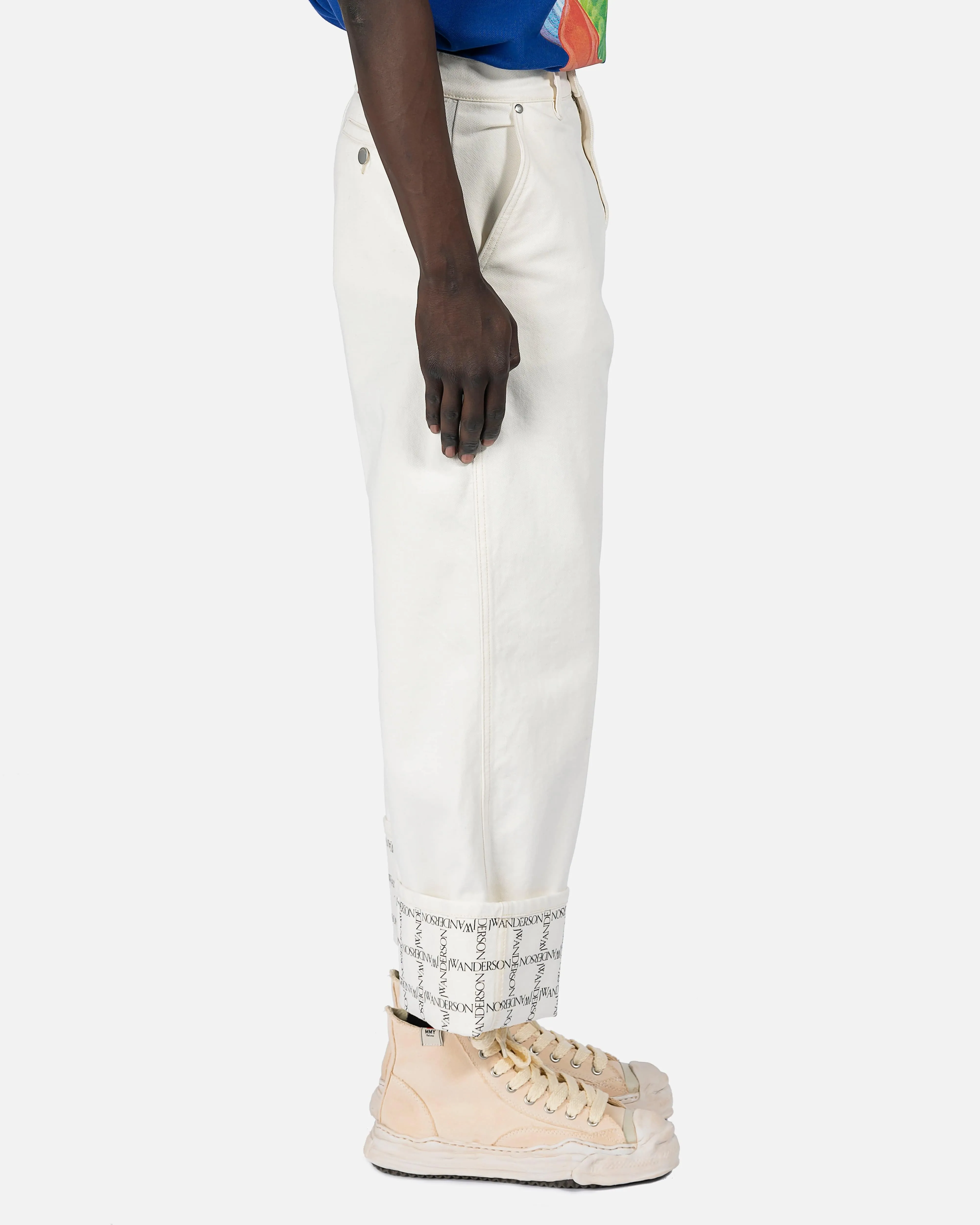 JW Anderson Logo Grid Cuff Wide Leg Jeans in Off-White