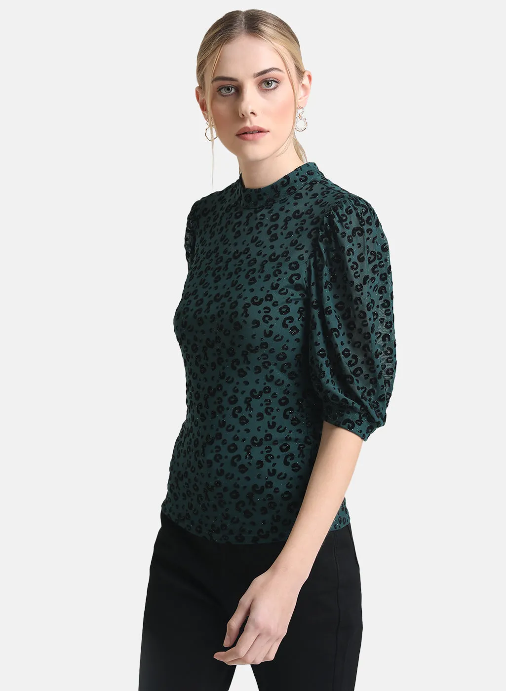 Kazo Green Flock Mesh Puff Sleeves Top