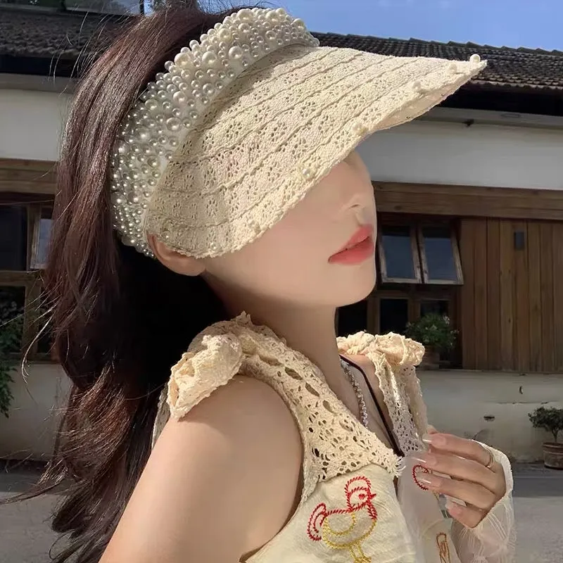 Lace Pearl Sun Hat Women's Summer Korean Style Outdoor Anti-UV Sun Hat Beach Empty Top Sun Hat Trendy