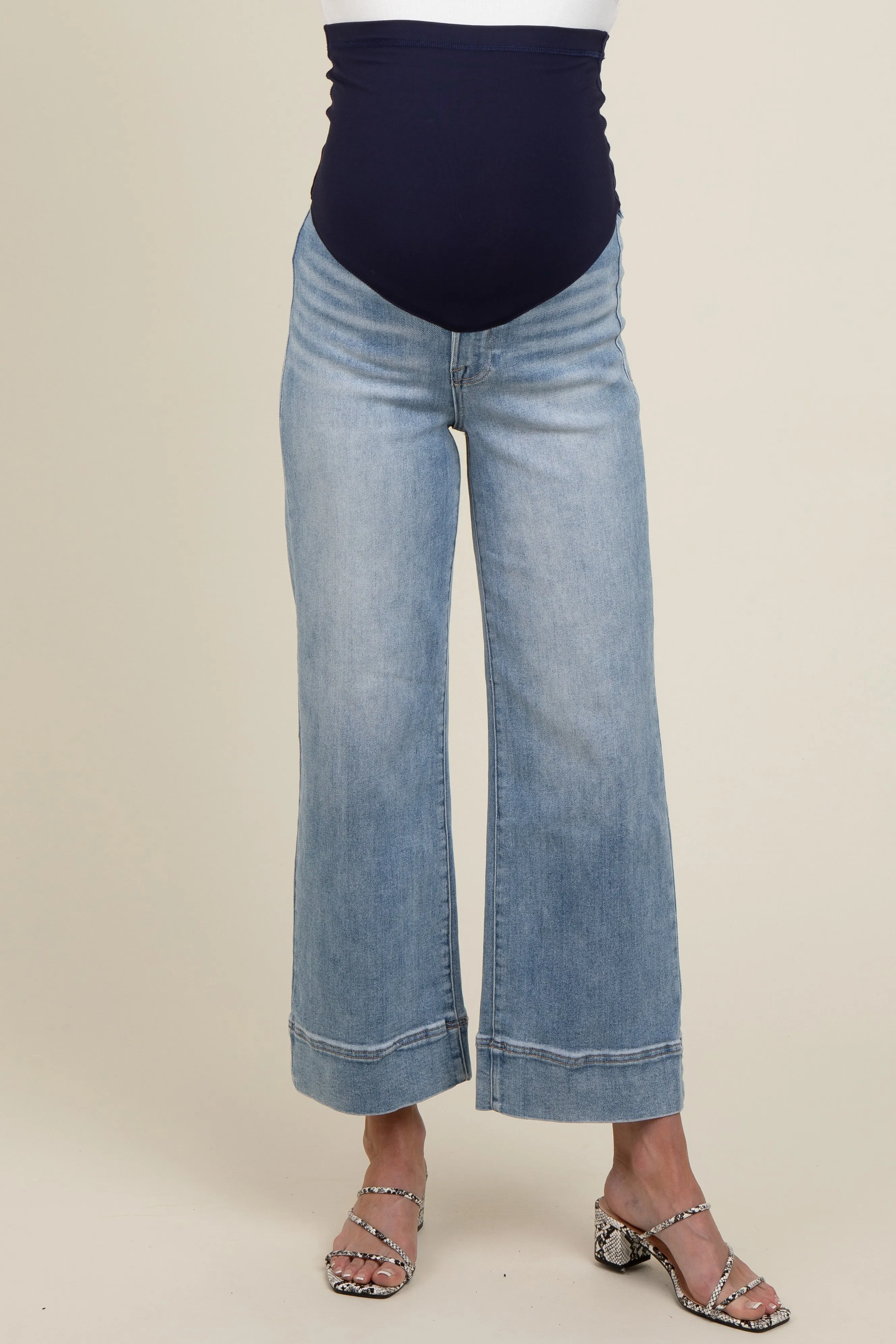 Light Blue Cuffed Wide Leg Maternity Jeans