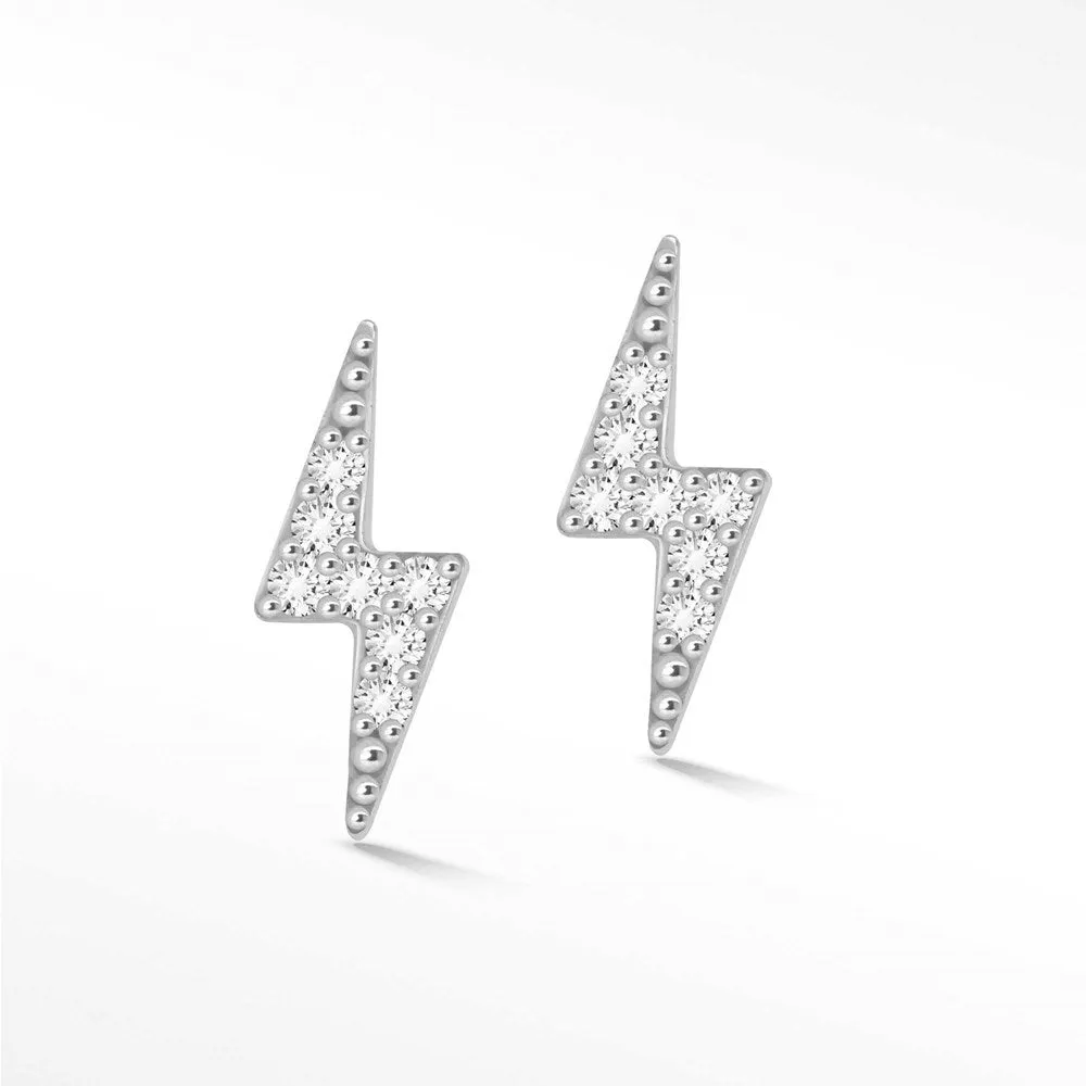 Lightning Bolt 18k White Gold Diamond Push Back Stud Earrings