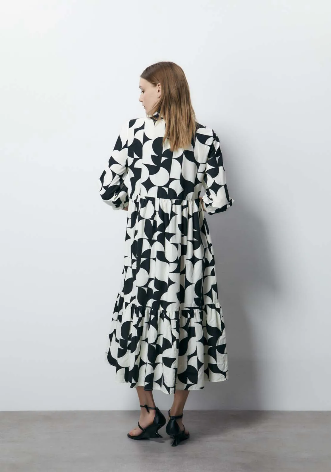 Long Sleeve Printed Dress - Black