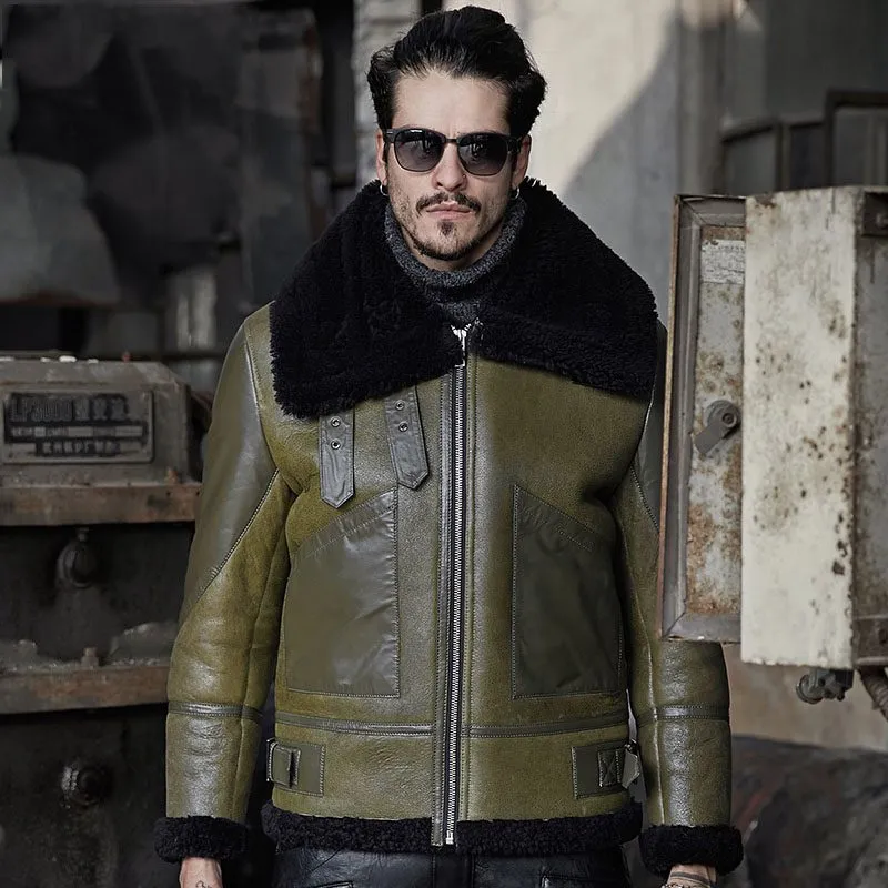 Mens Green Shearling Aviator Bomber Jacket