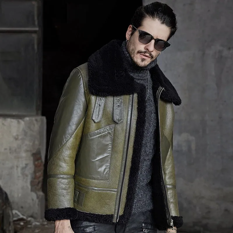 Mens Green Shearling Aviator Bomber Jacket