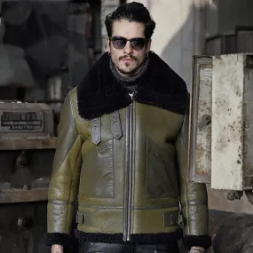 Mens Green Shearling Aviator Bomber Jacket