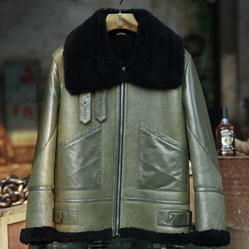 Mens Green Shearling Aviator Bomber Jacket