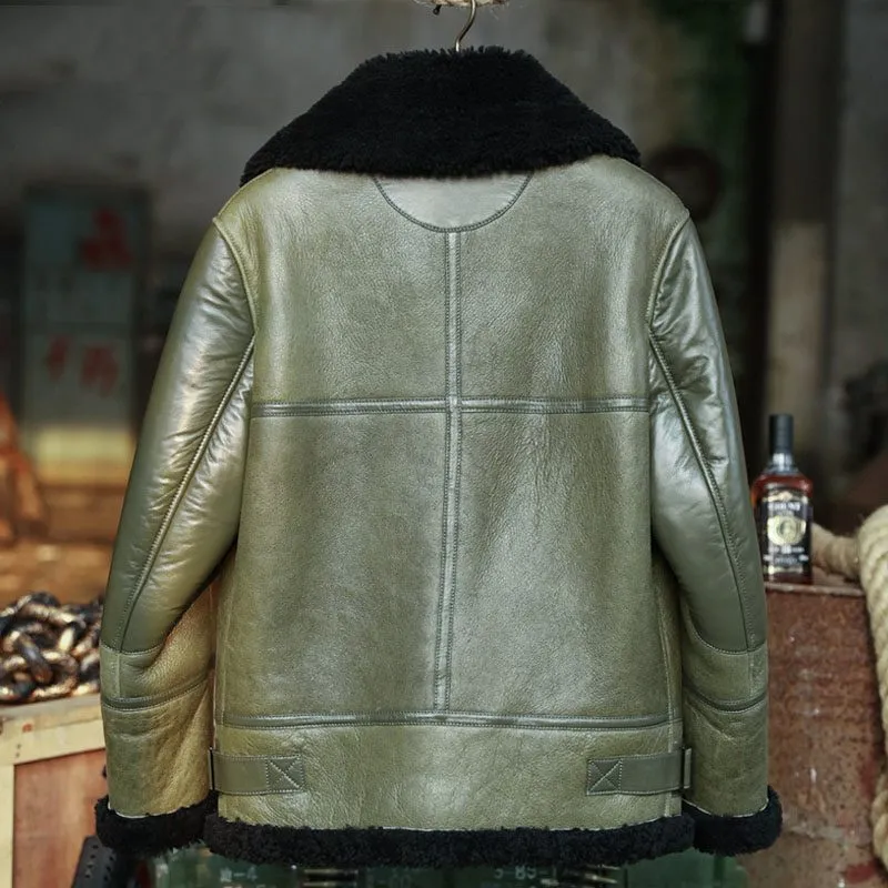 Mens Green Shearling Aviator Bomber Jacket