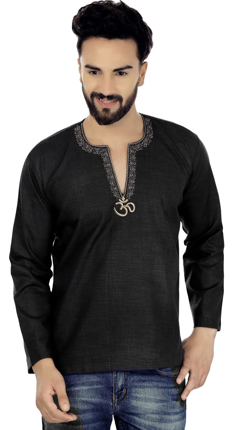 Men's Short Kurta OM Cotton Indian Traditional Clothes (Black)