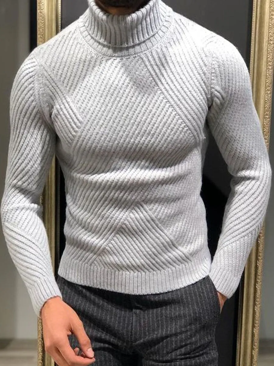 Men's Solid Color Knitted Jacquard Casual High Collar Pullover Sweater