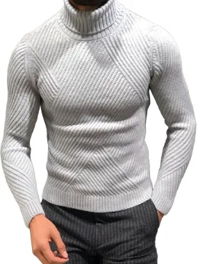 Men's Solid Color Knitted Jacquard Casual High Collar Pullover Sweater