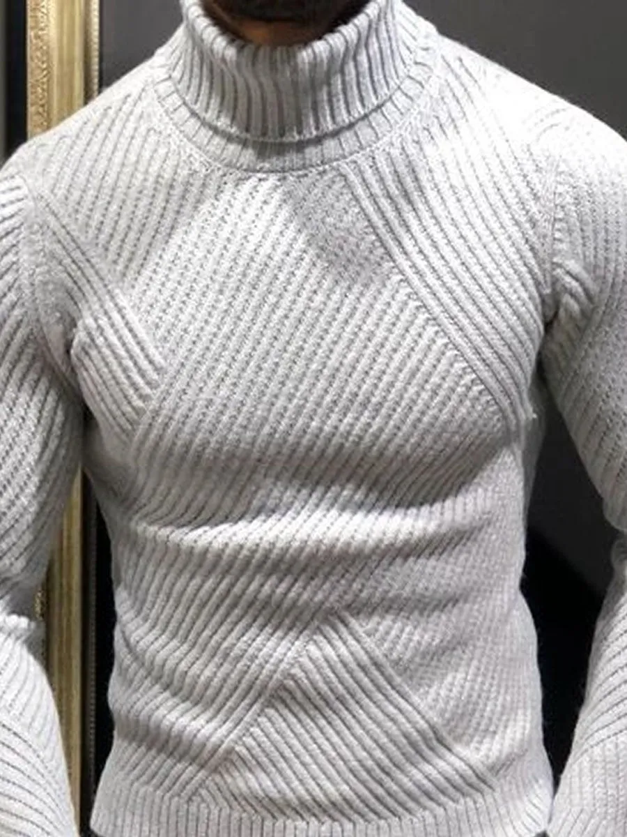 Men's Solid Color Knitted Jacquard Casual High Collar Pullover Sweater