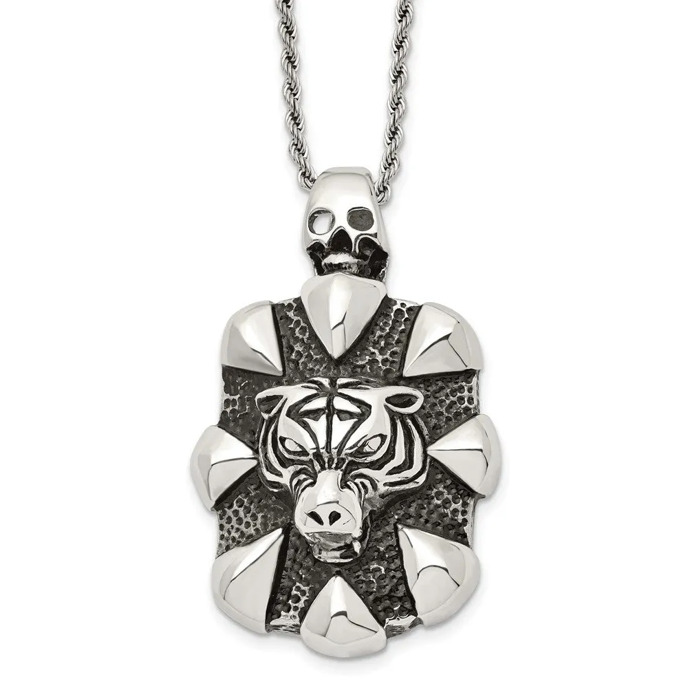 Mens Stainless Steel XL Open Back Tiger and Skull Necklace, 20 Inch