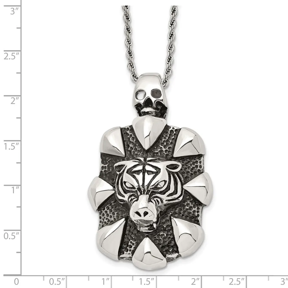 Mens Stainless Steel XL Open Back Tiger and Skull Necklace, 20 Inch