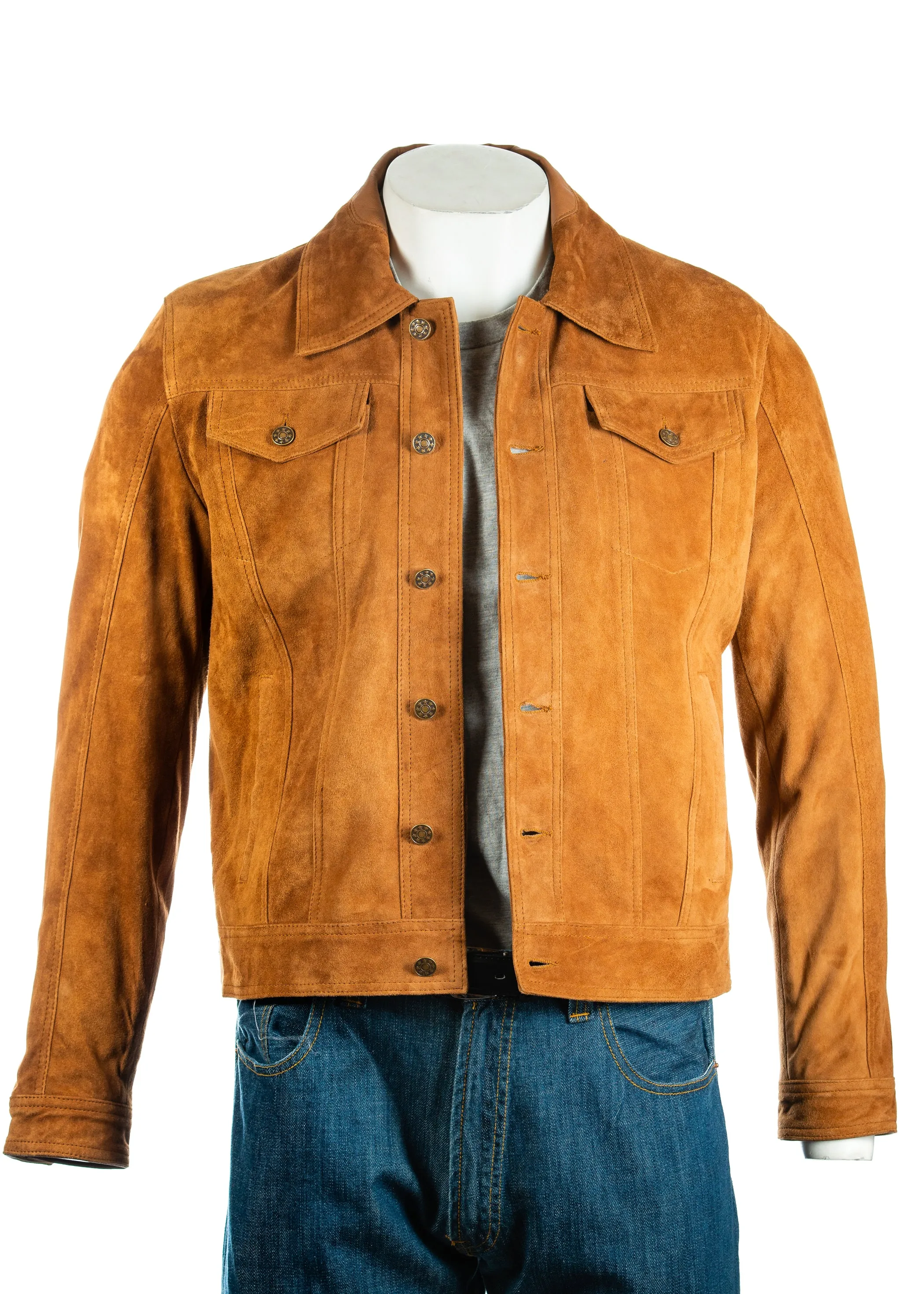 Men's Tan Denim Shirt Style Suede Jacket: Antonio