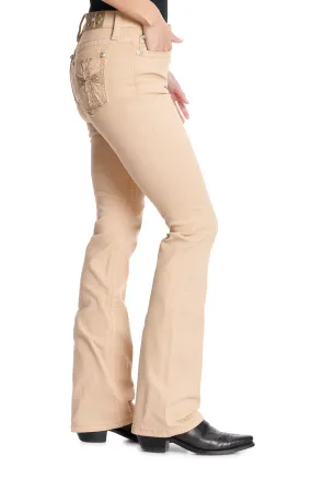 Miss Me Women's Caramel & Embroidery & Bling Cross Pocket Boot Cut Jeans