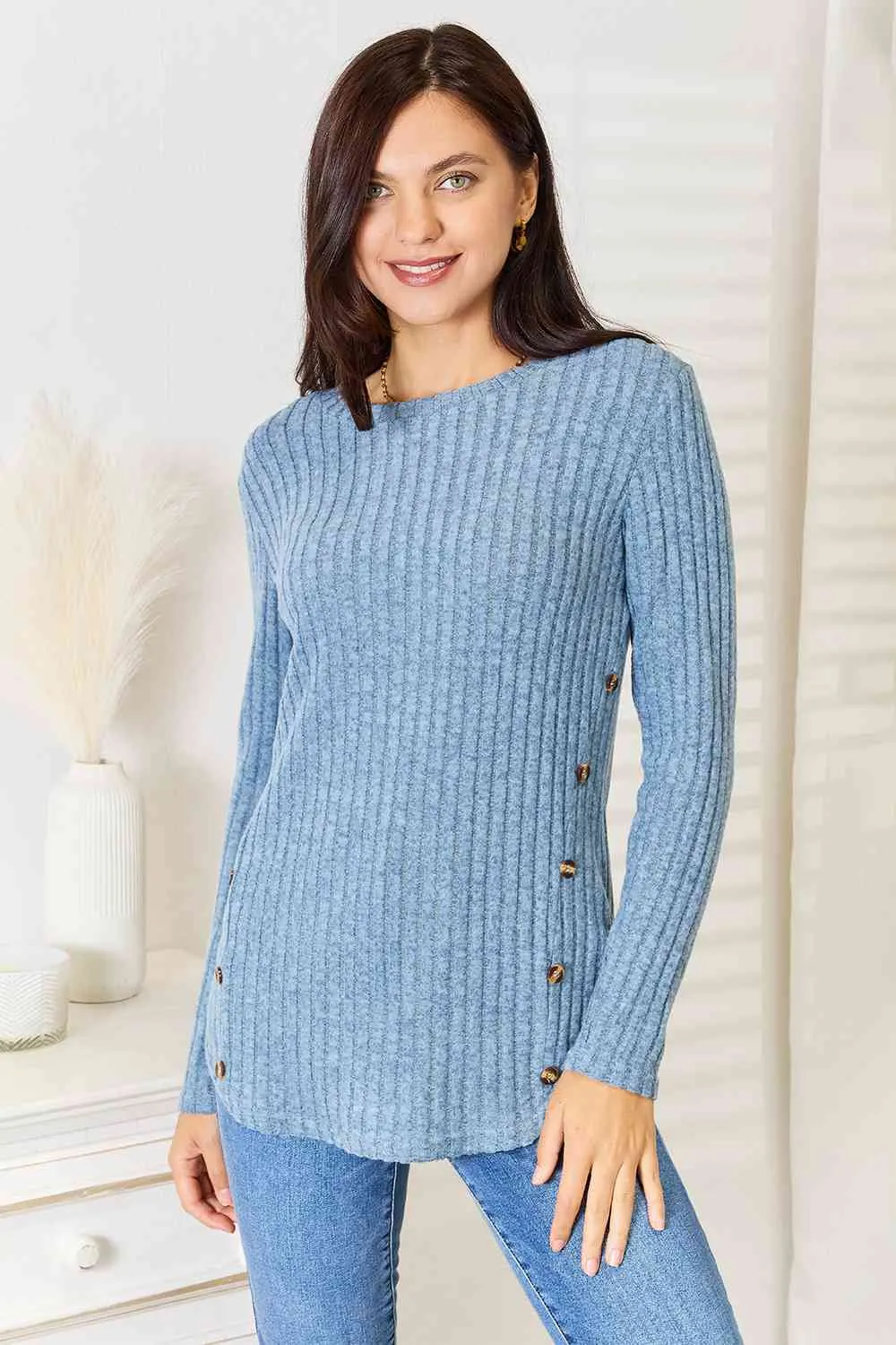 Misty Blue Round Neck Ribbed Long Sleeve T-Shirt