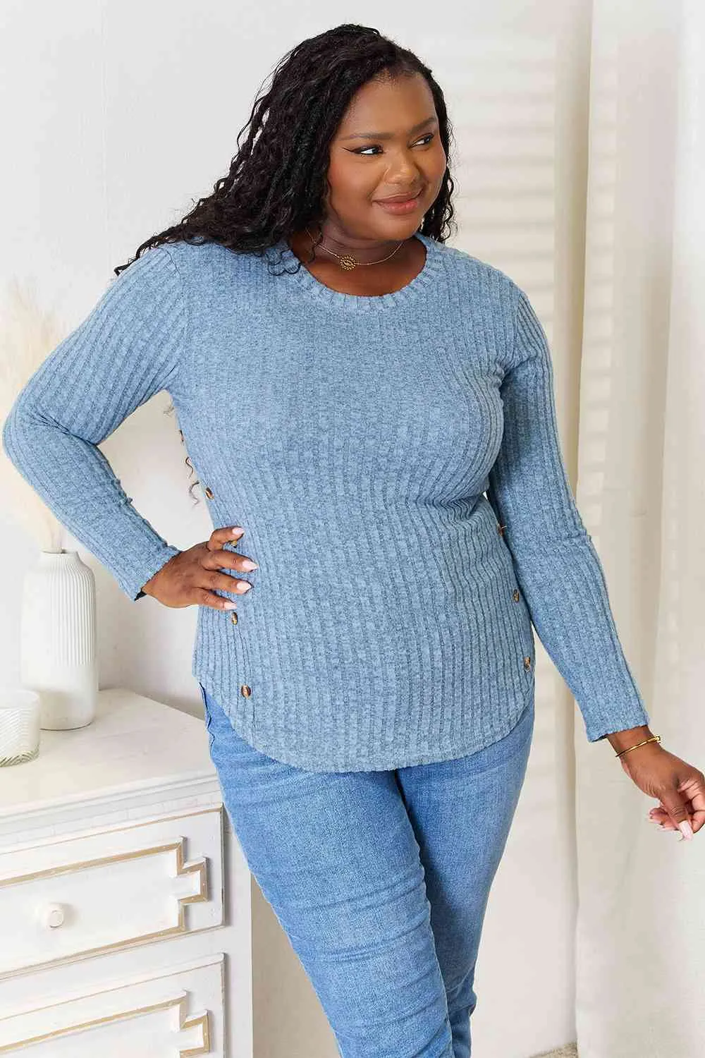 Misty Blue Round Neck Ribbed Long Sleeve T-Shirt