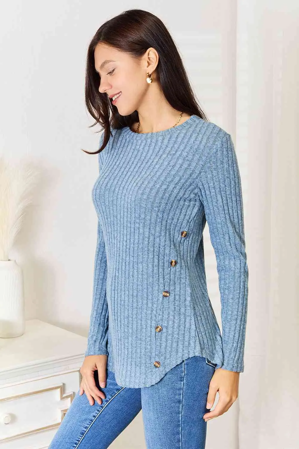 Misty Blue Round Neck Ribbed Long Sleeve T-Shirt