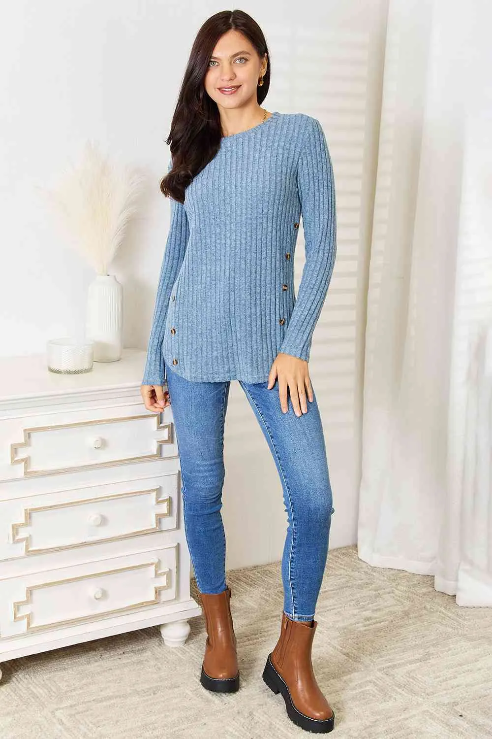 Misty Blue Round Neck Ribbed Long Sleeve T-Shirt