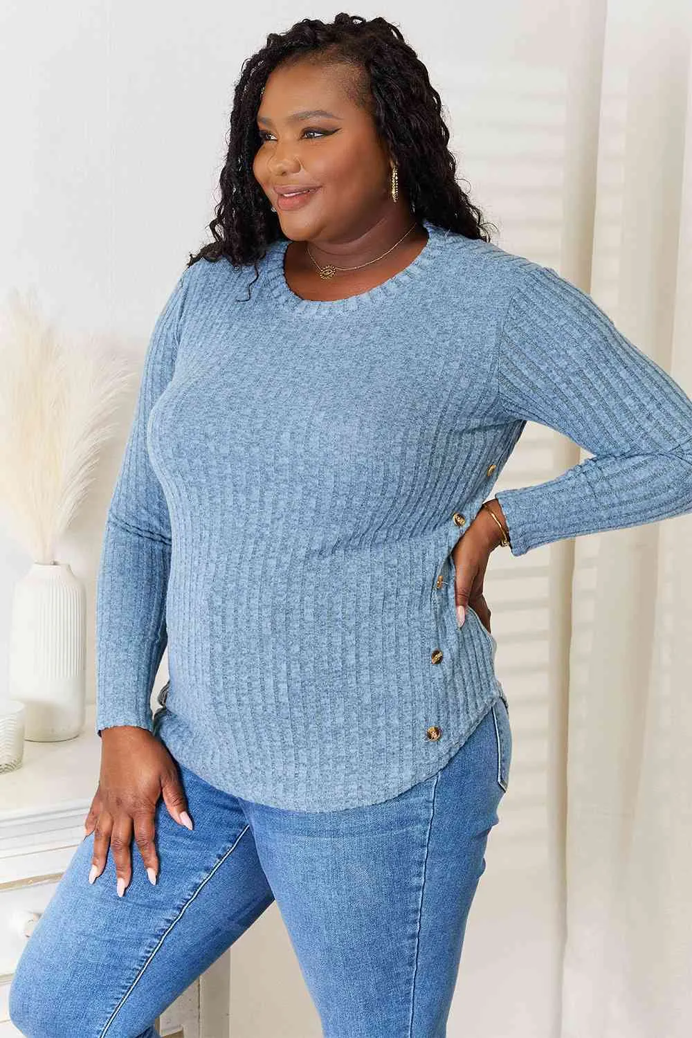 Misty Blue Round Neck Ribbed Long Sleeve T-Shirt