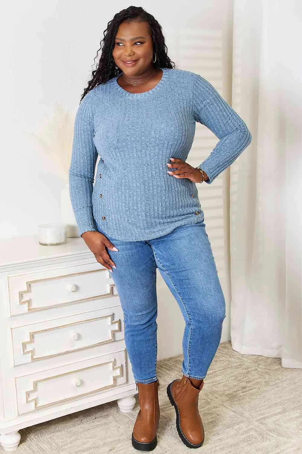 Misty Blue Round Neck Ribbed Long Sleeve T-Shirt