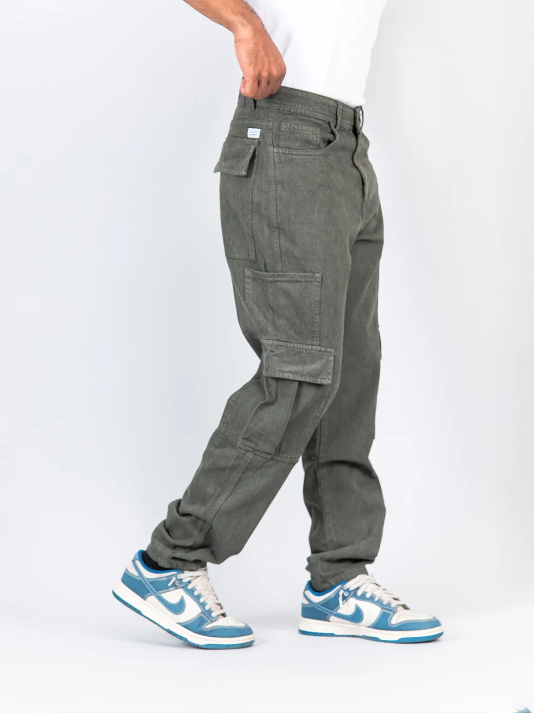 Olive Green Cargo Baggy Fit Denim Jeans