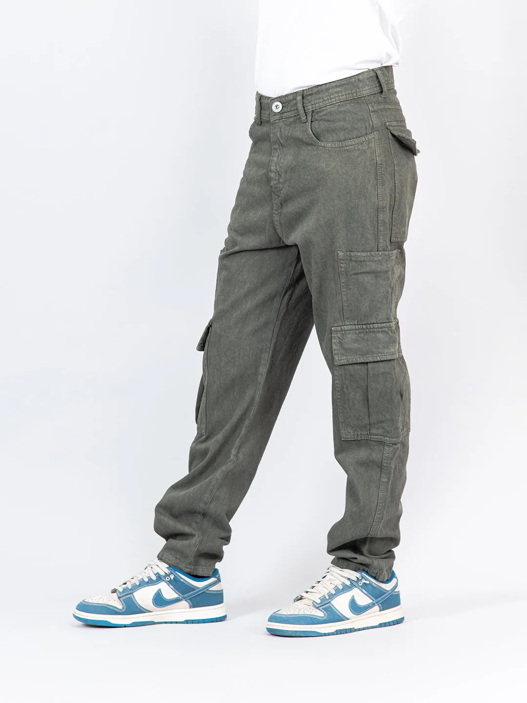 Olive Green Cargo Baggy Fit Denim Jeans