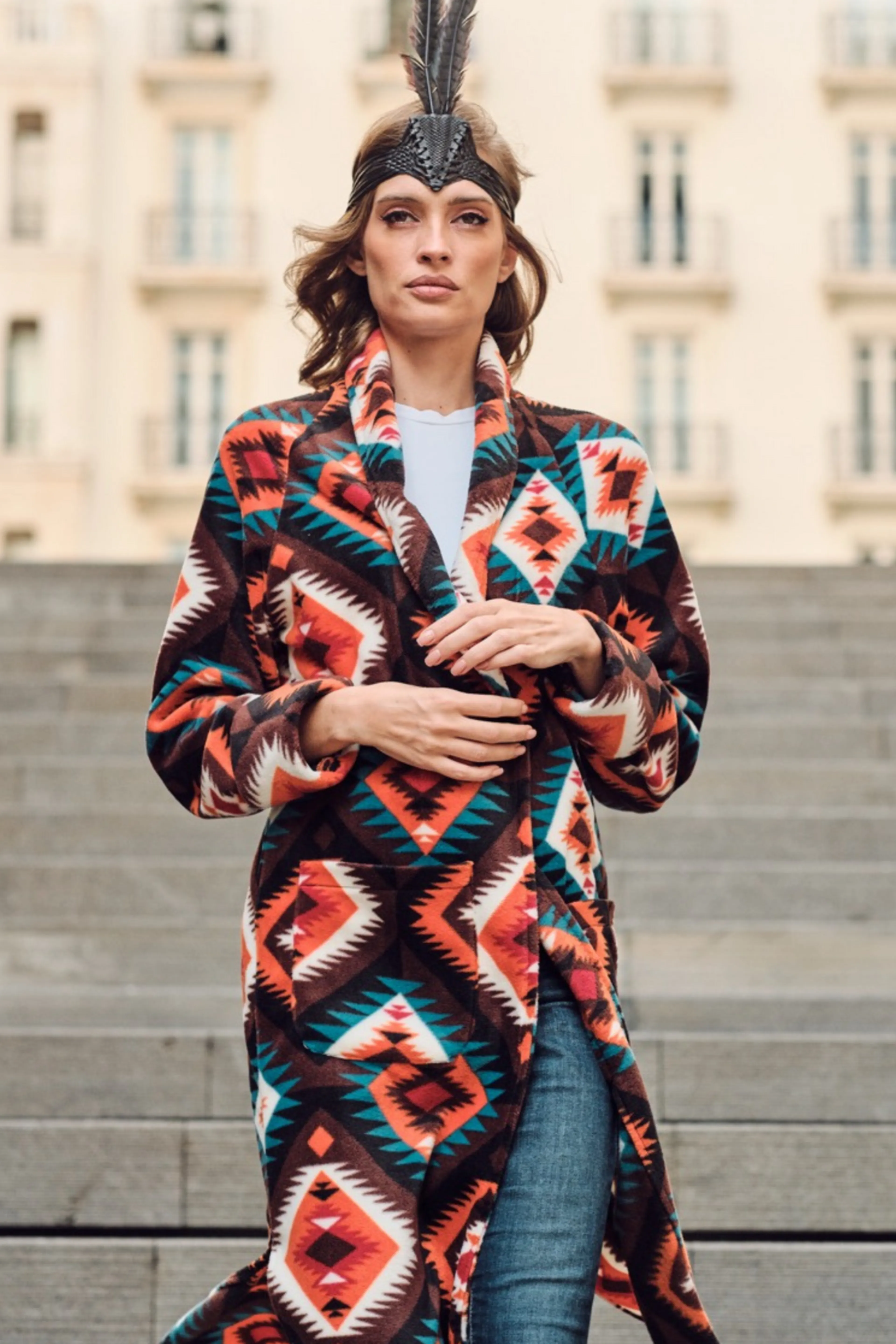 Orange and Brown Tribal Fleece Coat