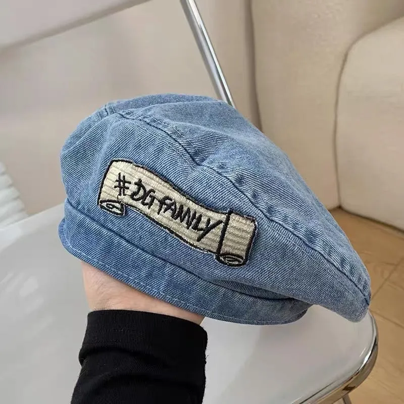 Patch denim beret women's spring and summer Korean style all-match face-showing little bud painter's hat Japanese style big head