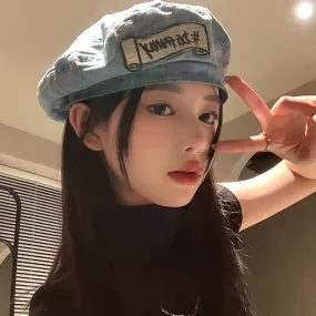 Patch denim beret women's spring and summer Korean style all-match face-showing little bud painter's hat Japanese style big head