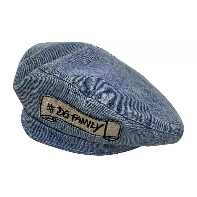 Patch denim beret women's spring and summer Korean style all-match face-showing little bud painter's hat Japanese style big head