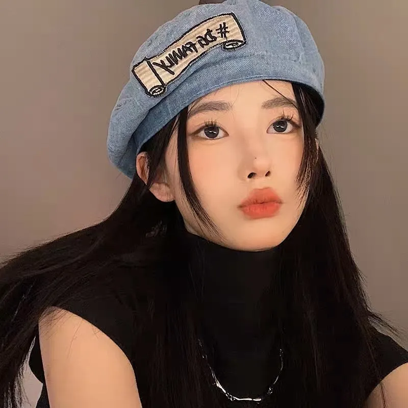 Patch denim beret women's spring and summer Korean style all-match face-showing little bud painter's hat Japanese style big head