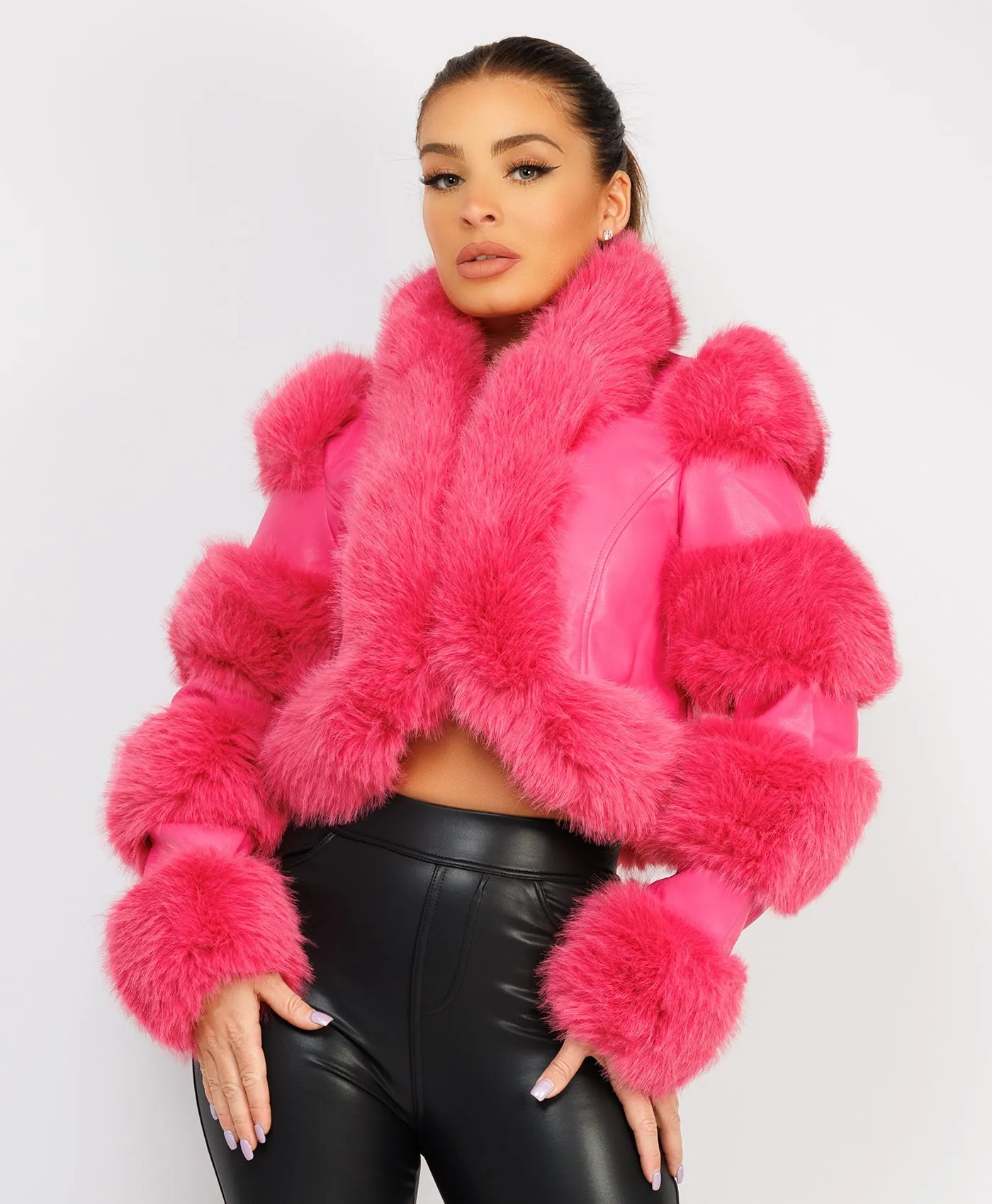 Pink Cropped Faux Fur Vegan Leather Coat Jacket