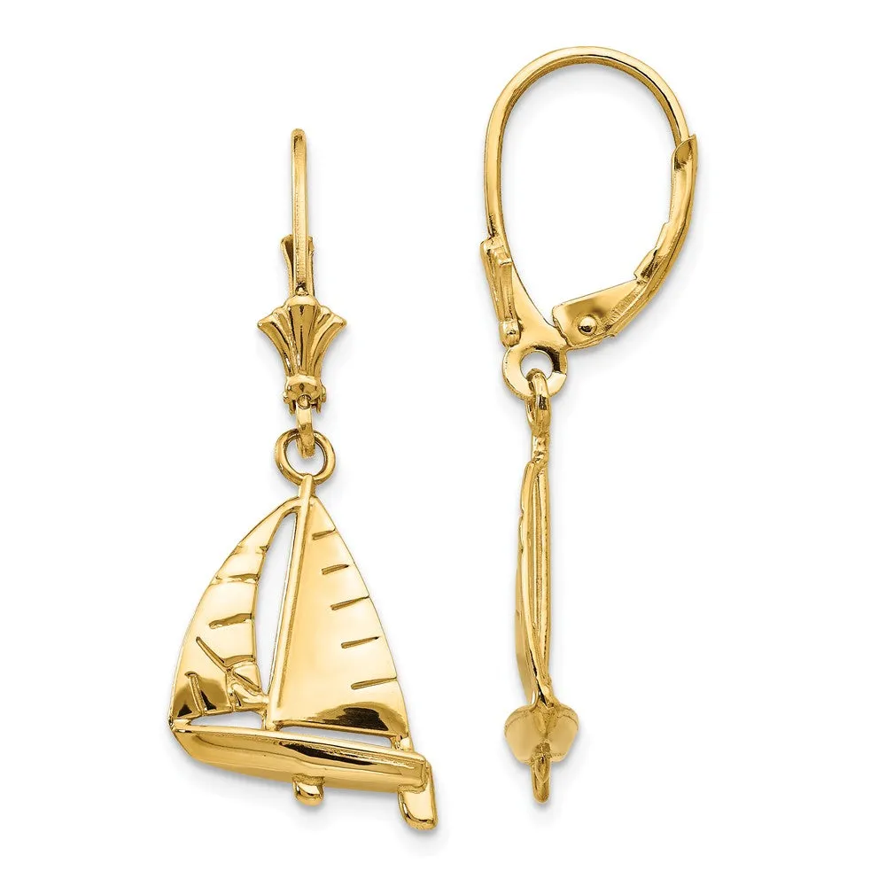 Polished 3D Sailboat Lever Back Earrings in 14k Yellow Gold