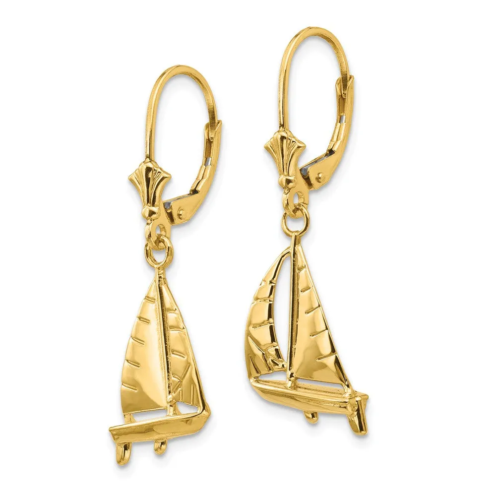 Polished 3D Sailboat Lever Back Earrings in 14k Yellow Gold