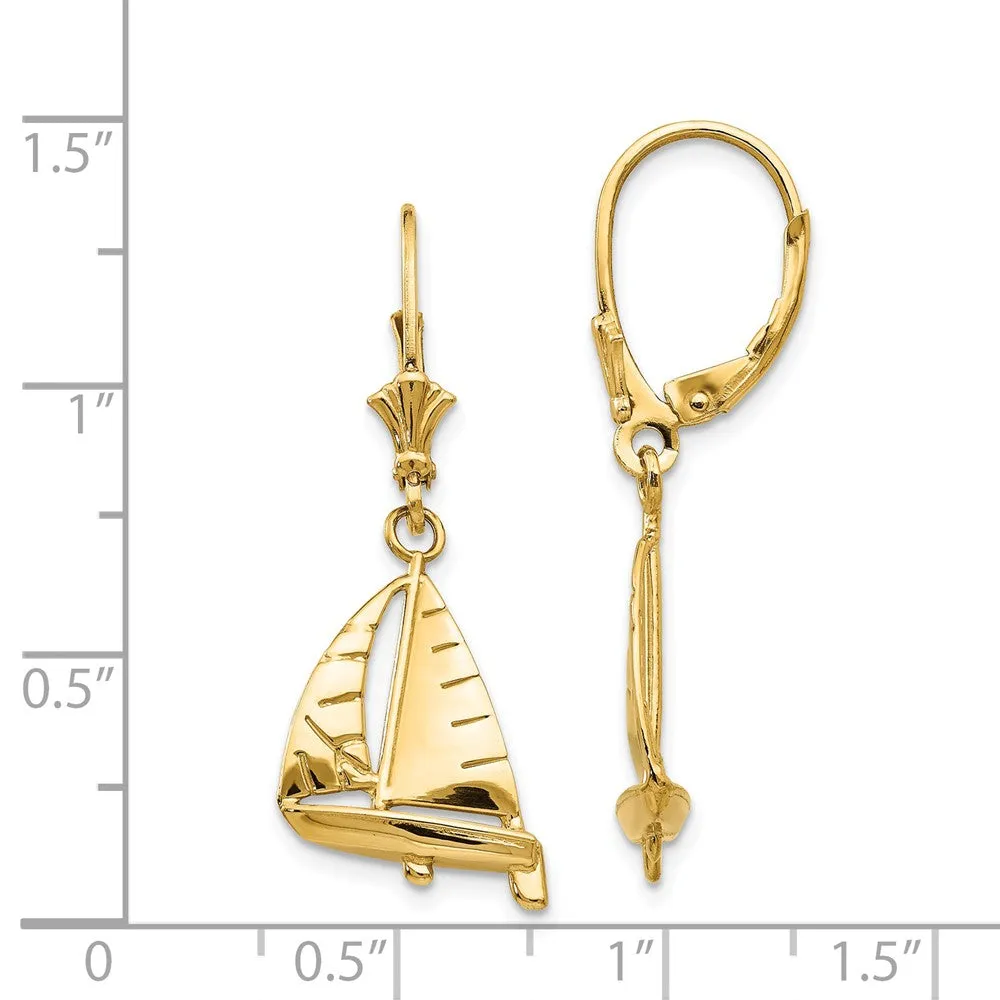 Polished 3D Sailboat Lever Back Earrings in 14k Yellow Gold