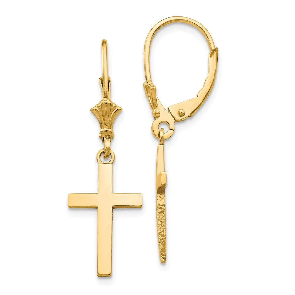 Polished Hollow Cross Lever Back Earrings in 14k Yellow Gold