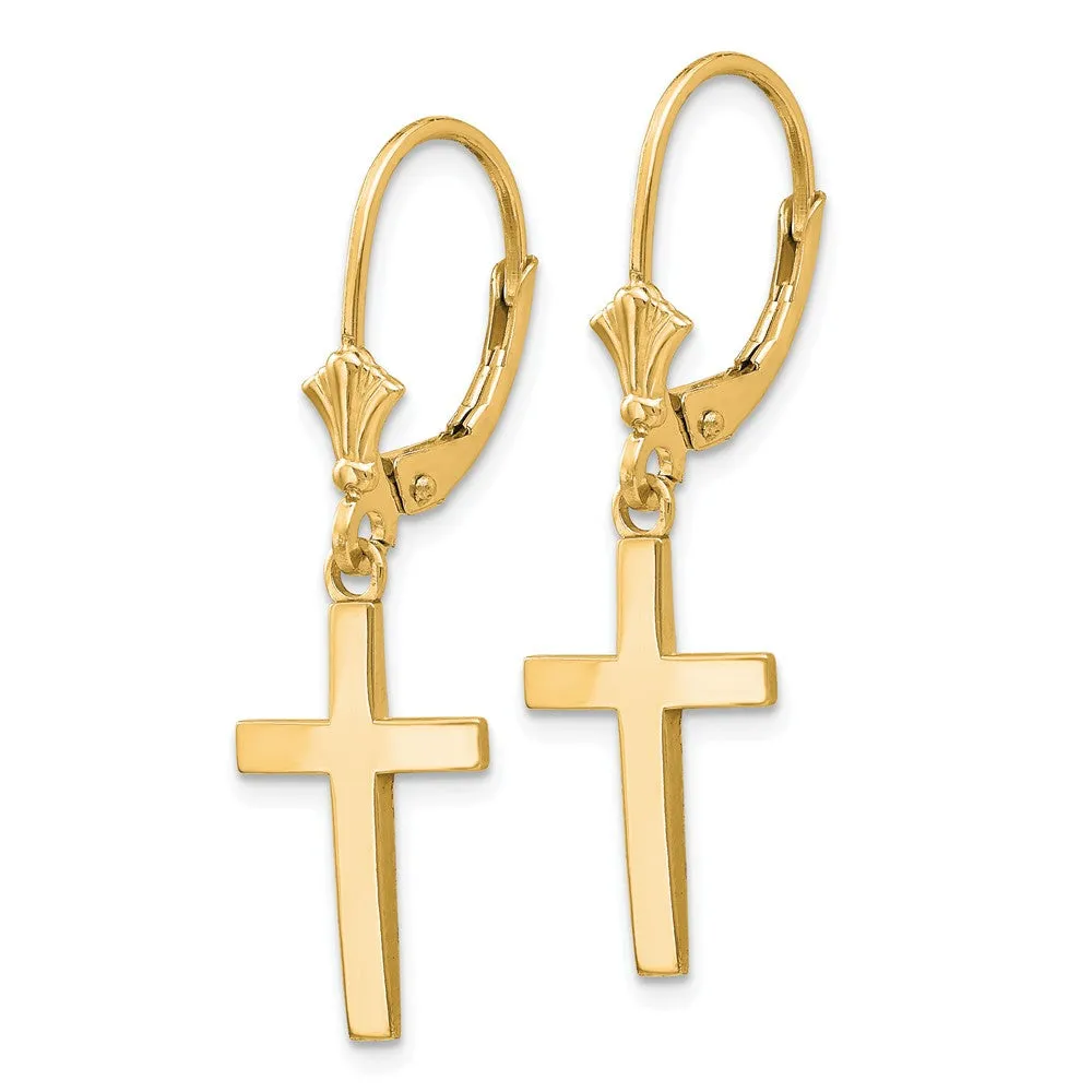 Polished Hollow Cross Lever Back Earrings in 14k Yellow Gold