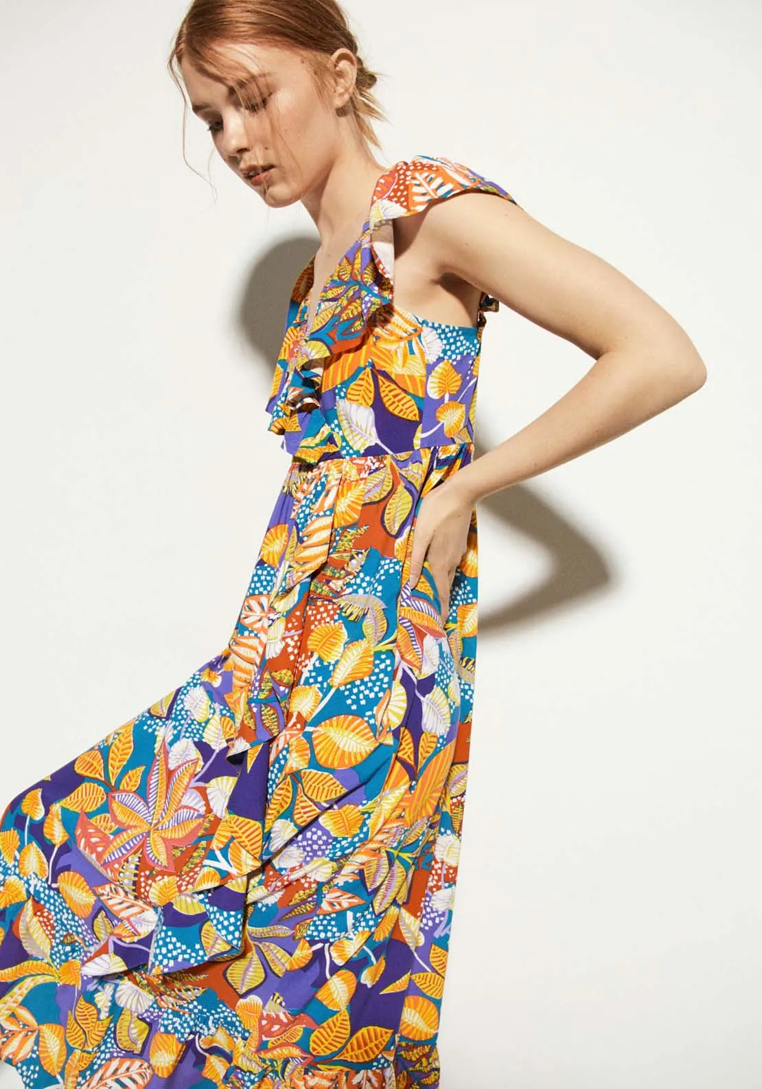 Printed Ruffle Midi Dress