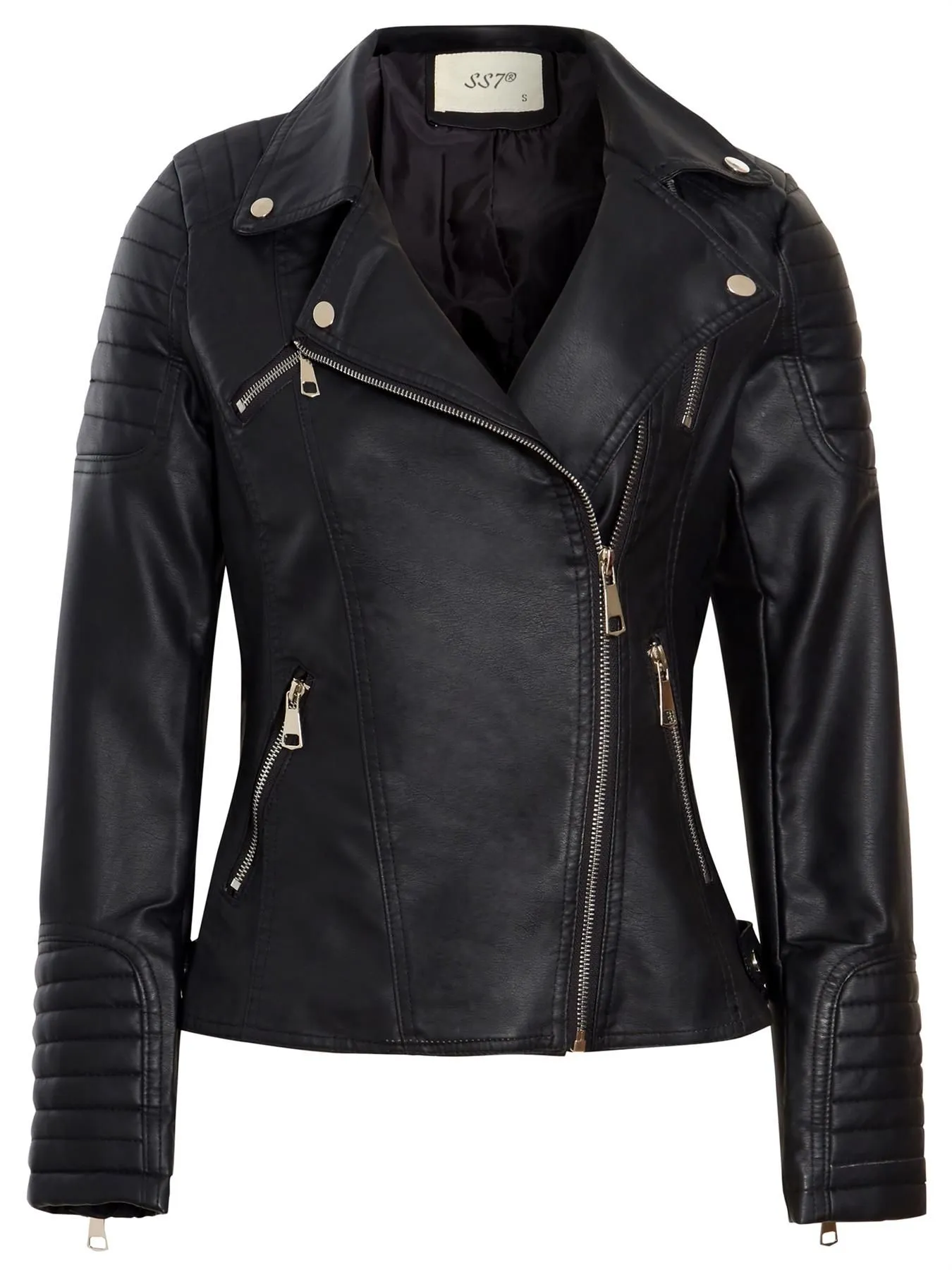 Quilted Shoulder Detail Biker Jacket, Black PU, UK Sizes 6 to 16