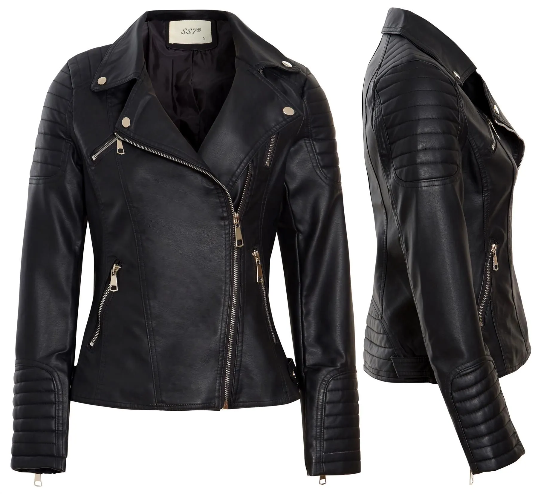 Quilted Shoulder Detail Biker Jacket, Black PU, UK Sizes 6 to 16