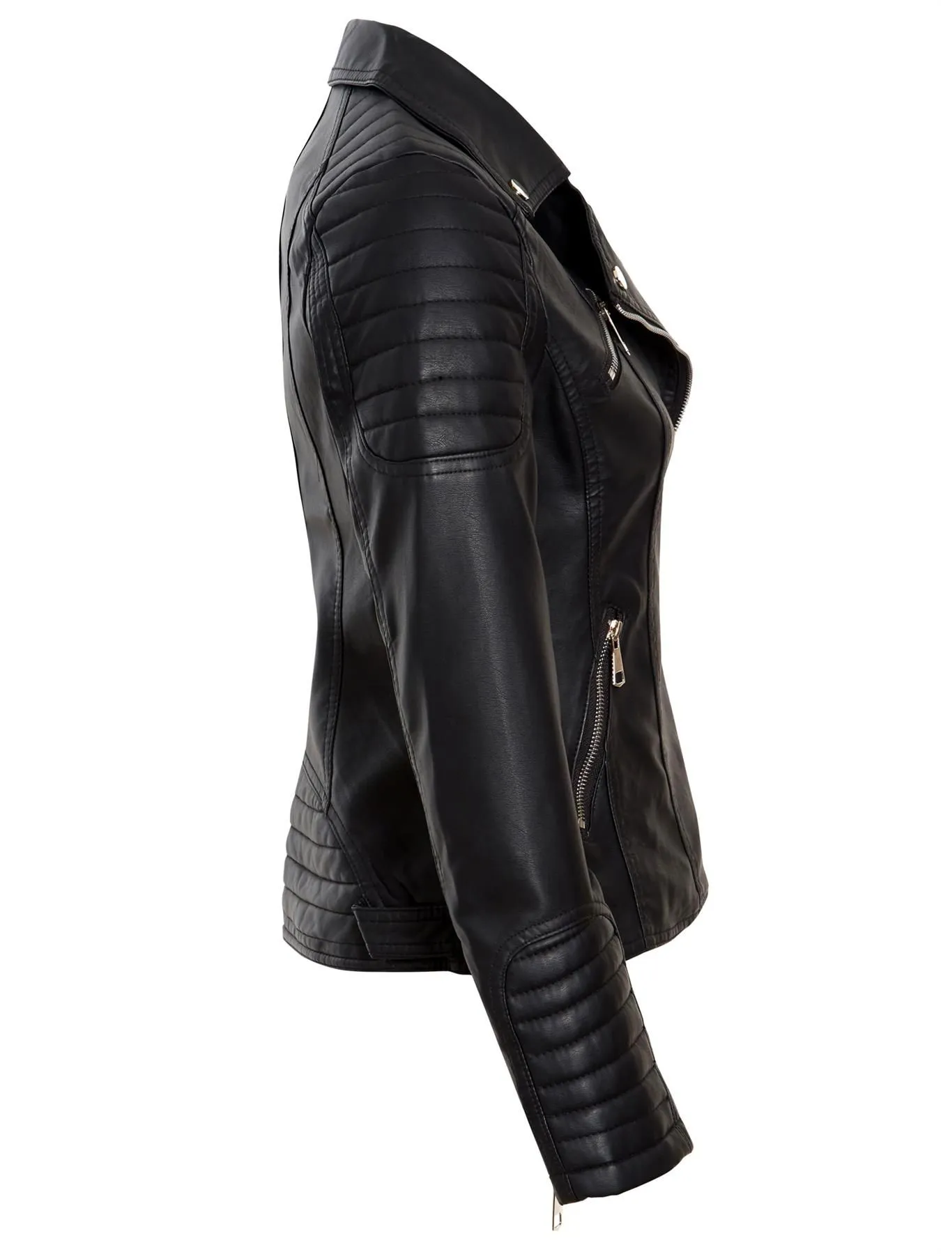 Quilted Shoulder Detail Biker Jacket, Black PU, UK Sizes 6 to 16