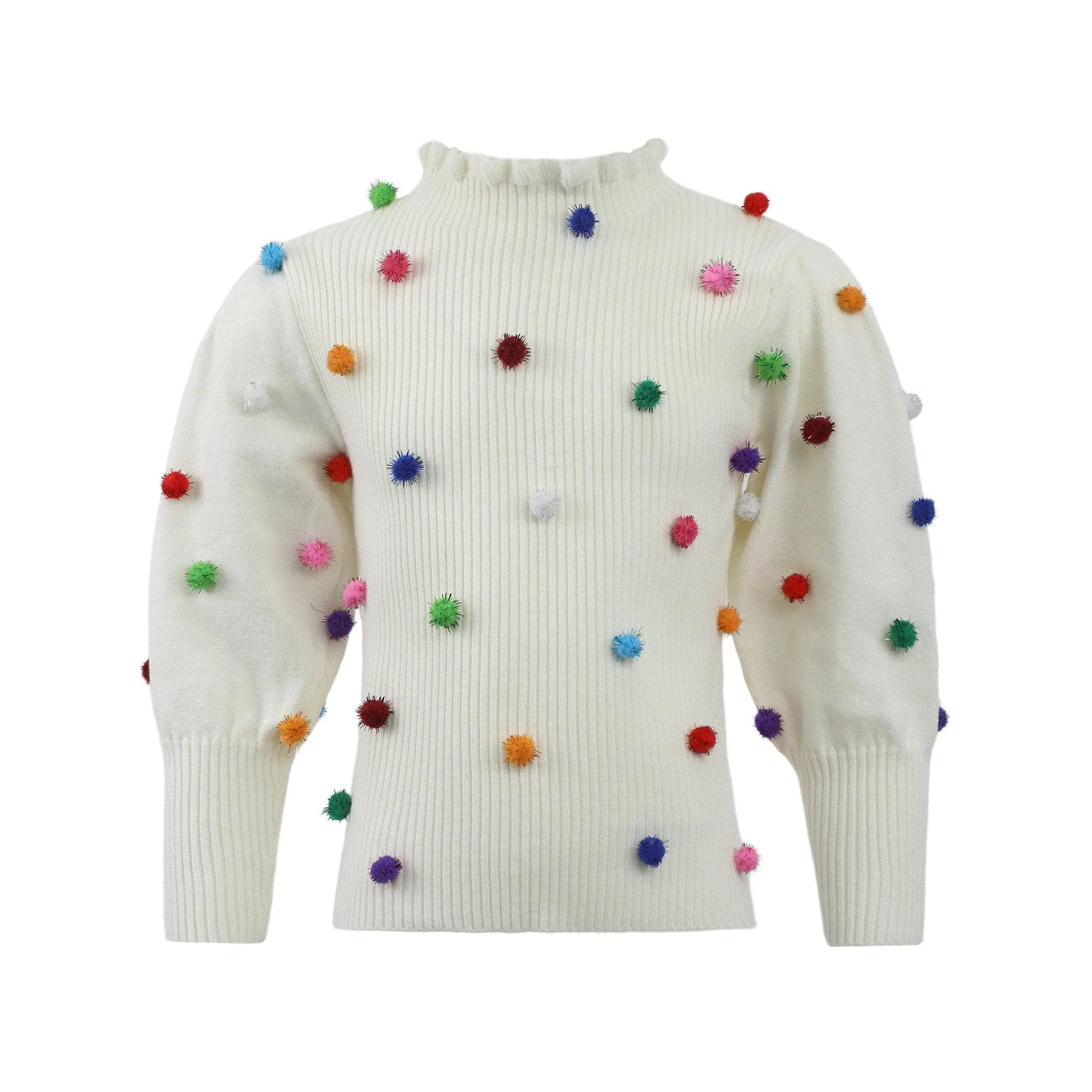 Rainbow Pompom Puff Sweater