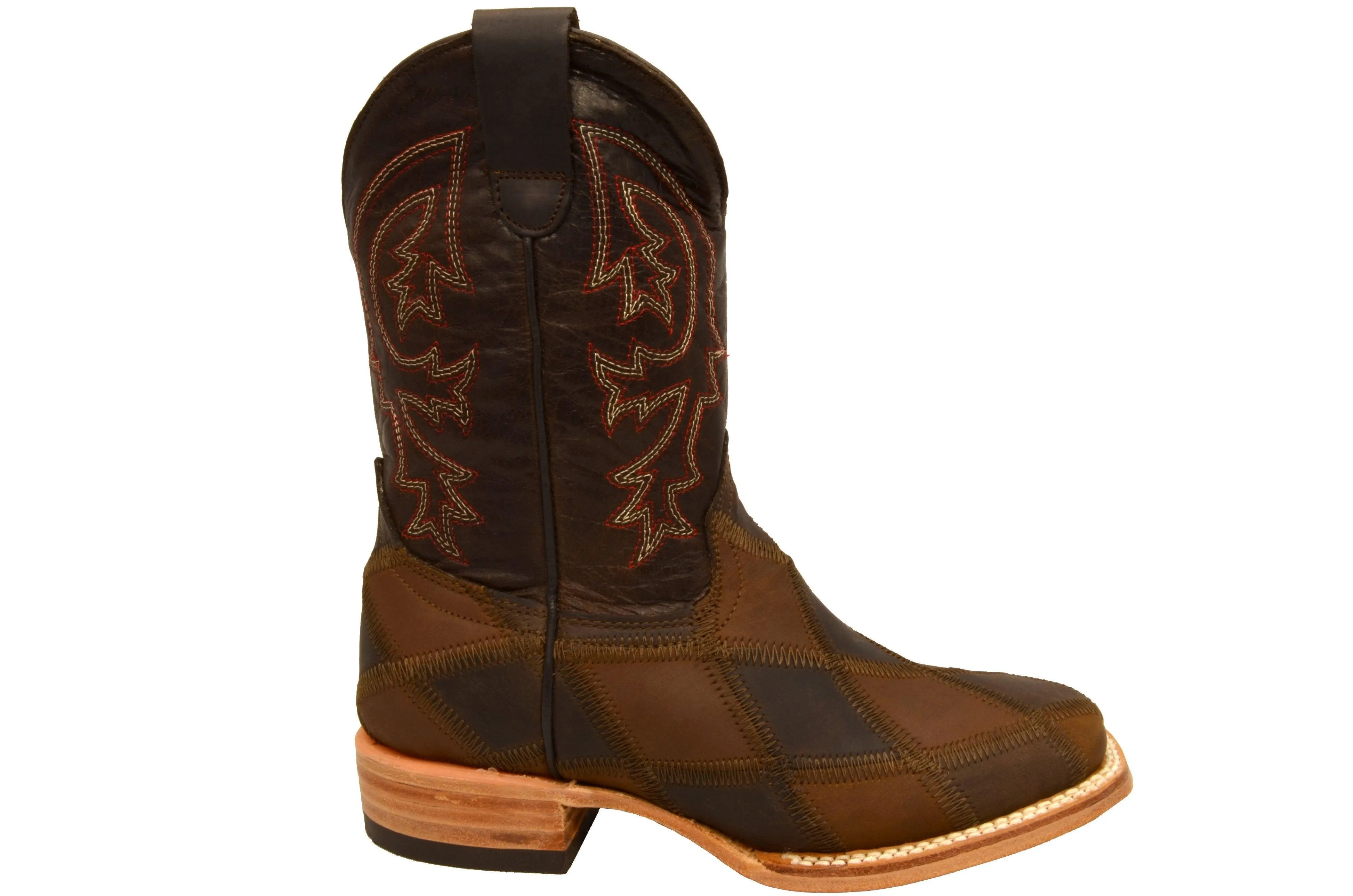 Redhawk Boy's Rodeo Brown Patchwork Leather Square Toe Cowboy Boots 3200