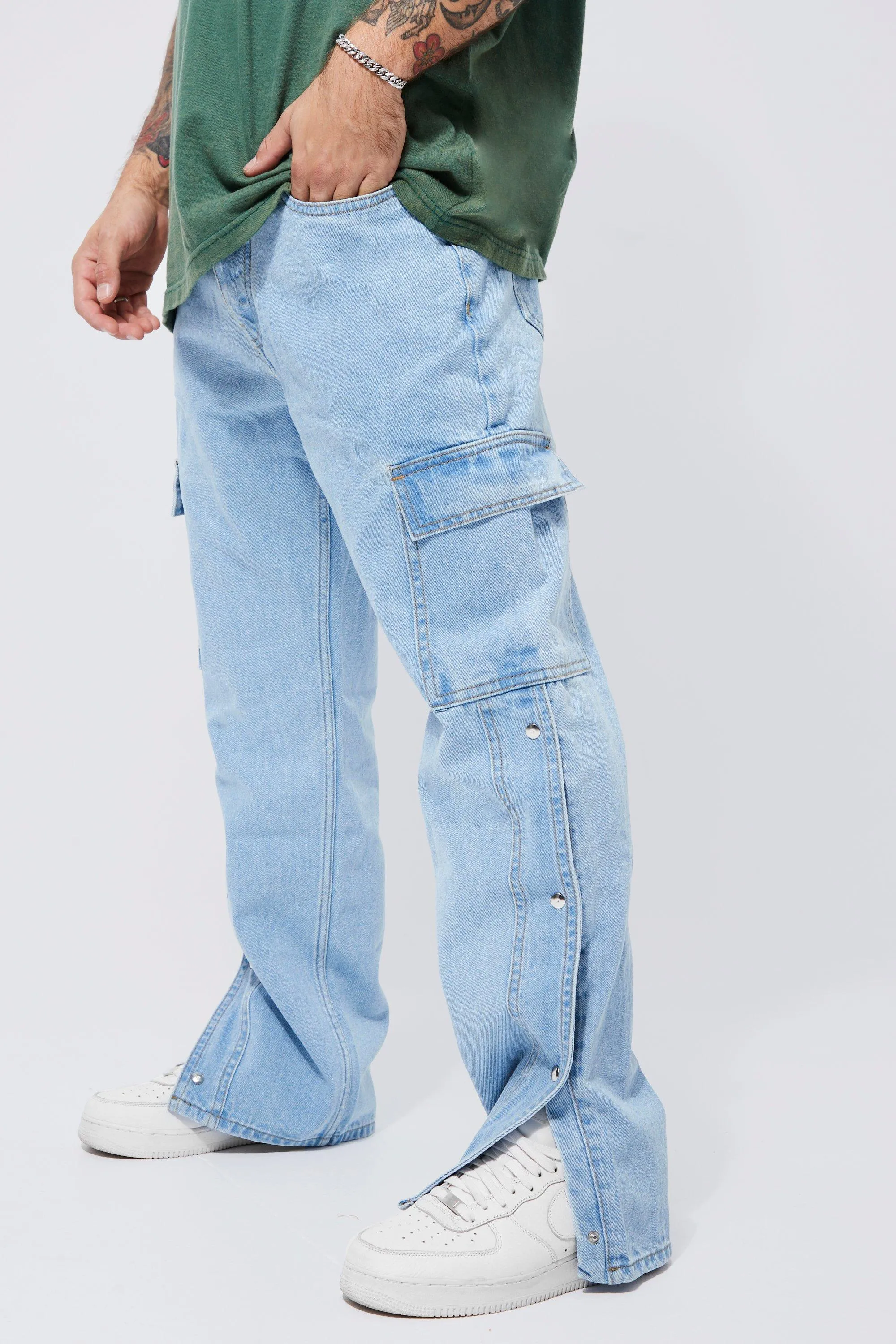 Relaxed Rigid Cargo Popper Detail Jeans | boohooMAN UK