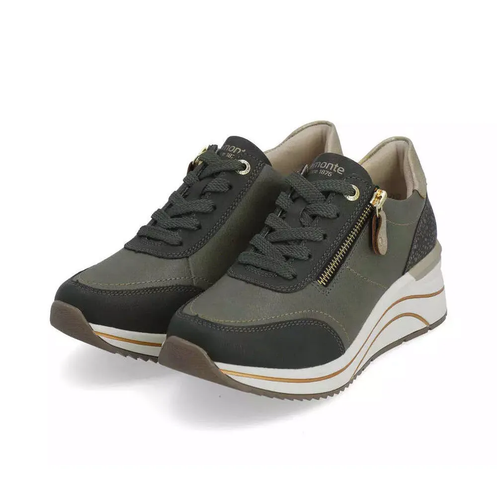 REMONTE WEDGE SNEAKER WITH ZIP OLIVE/GOLD - WOMENS