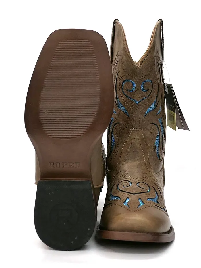 Roper 1549TA Kids GLITTER BREEZE Square Toe Bling Cowgirl Boot Tan