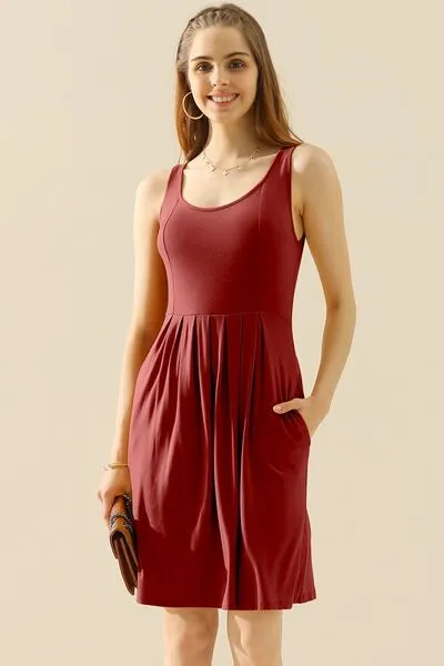 Round Neck Ruched Sleeveless Dress with Pockets