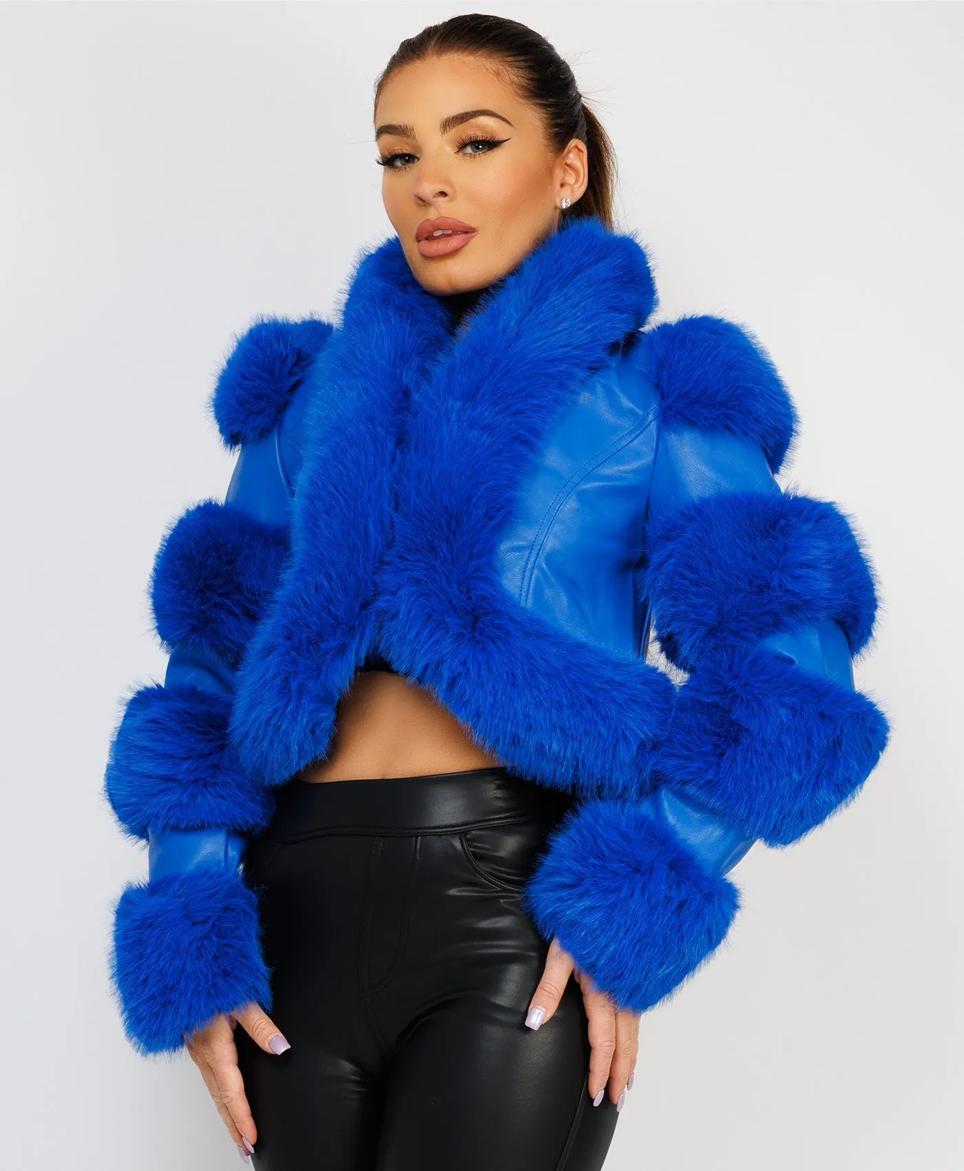 Royal Blue Cropped Faux Fur Vegan Leather Coat Jacket