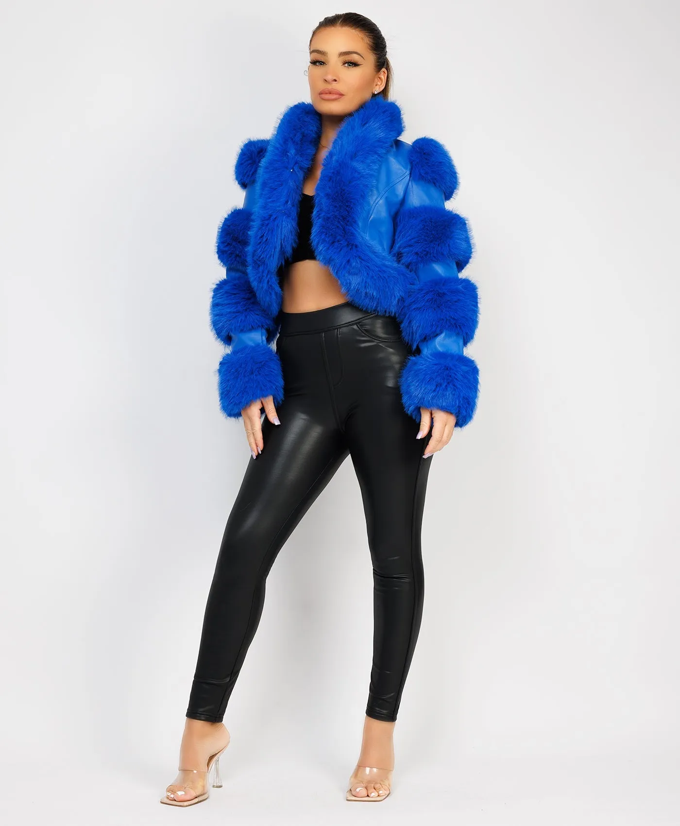 Royal Blue Cropped Faux Fur Vegan Leather Coat Jacket